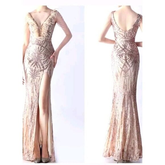 Gold, Geo Print, Ostrich Feather V Neck, Beaded Sleeves, Sequined Mermaid Gown - Picture 3 of 14